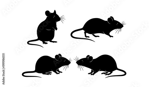 Four panel black mouse silhouette set with different poses minimalist animal vector collection isolated on white