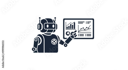 Robot presenting business data on screen.