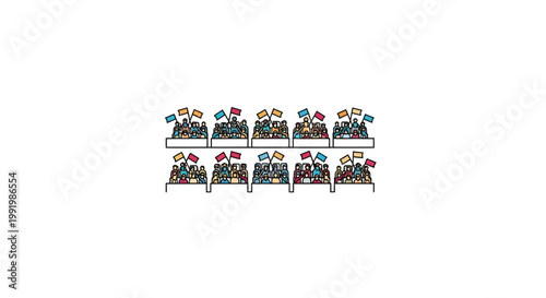 Colorful illustration of people sitting in rows.