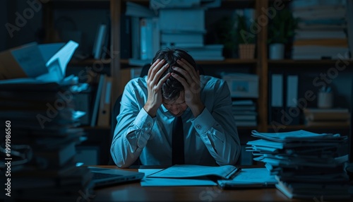 A man sits at a table, holding his head in his hands. Concept of business problems, debts, loans, depression.