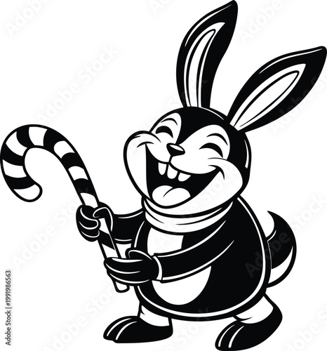 Cheerful Cartoon Rabbit Character Joyfully Laughing Aloud and Holding a Festive Candy Cane