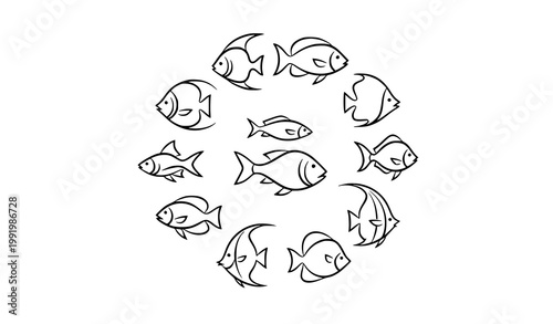 Monoline fish outline icon set in circular layout with aquatic marine life vector collection isolated on white