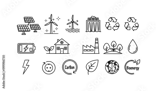 Photos Environmental sustainability and renewable energy line icon set with eco power a