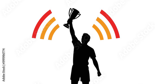 Silhouette of triumphant man holding trophy.