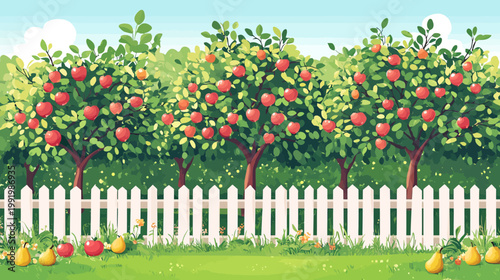 A vibrant orchard scene with red apples on lush green trees behind a white picket fence