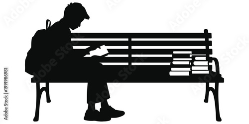 Bench reading silhouette illustration, student study artwork, learning lifestyle vector, education contemplation composition, academic character illustration