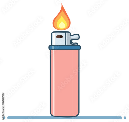 Pink disposable lighter with a bright burning orange flame. Simple flat vector graphic illustration.