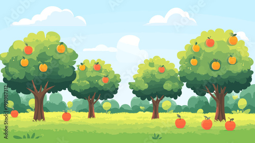 Colorful illustrated illustration of an orchard, with trees laden with fruit under a blue sky