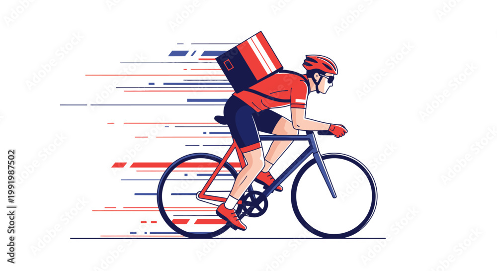 Fototapeta premium A fast-moving bicycle delivery person with a backpack, illustrating quick and efficient courier service.