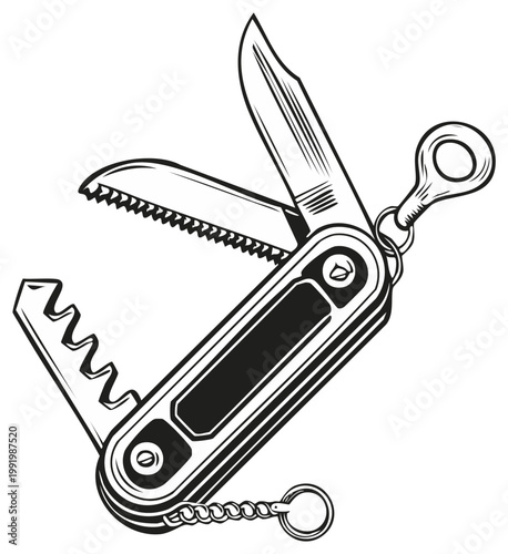 Pocket Knife with Tools Open Vector Illustration Outline Art Style