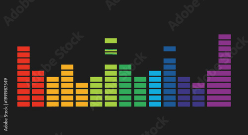 A colorful graphic equalizer display with bars showing sound levels in a rainbow spectrum on a black background.