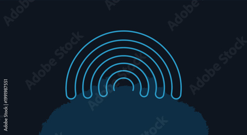 Minimalist blue concentric arcs resembling a signal or abstract rainbow over a dark amorphous shape on a deep blue background.