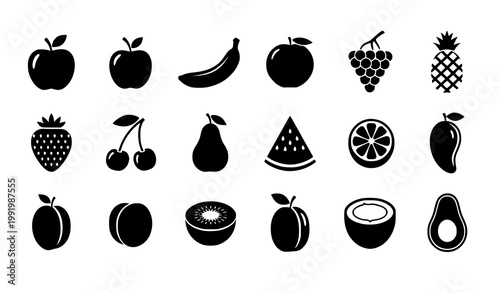 Minimal black fruit silhouette icon set with simple clean food shapes vector collection isolated on white