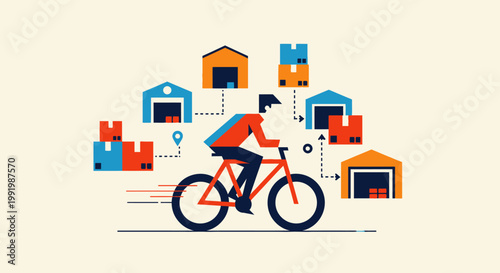Cyclist delivering packages between multiple warehouses, illustrating logistics and supply chain management.