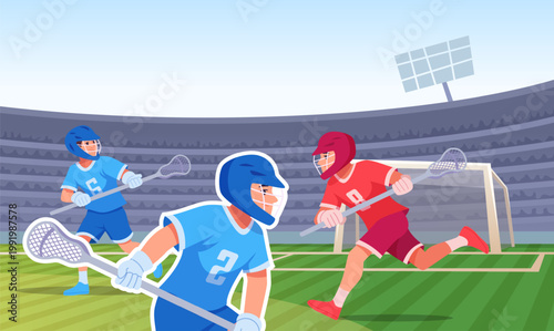 Lacrosse. college sport players playing lacrosse active game on field