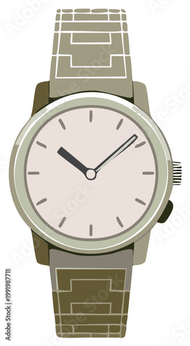 Classic wristwatch with a light dial and a textured metal band showing the time