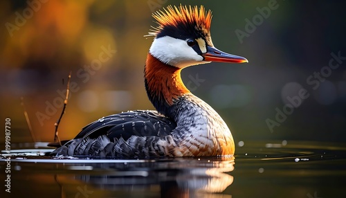 A vibrant bird with striking plumage afloat on tranquil water, bathed in warm sunlight. The bird's neck and head features intricate patterns