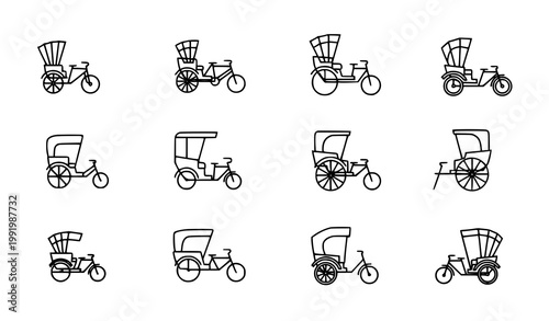 Minimal rickshaw icon set vector with simple three wheeled taxi and cart symbols for travel design isolated on white