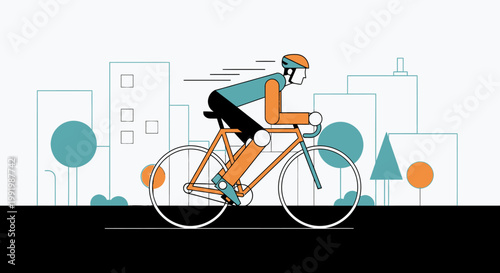 A vector illustration of a cyclist riding a bicycle past an oil pump jack and a gas pump nozzle as part of a fitness activity silhouette