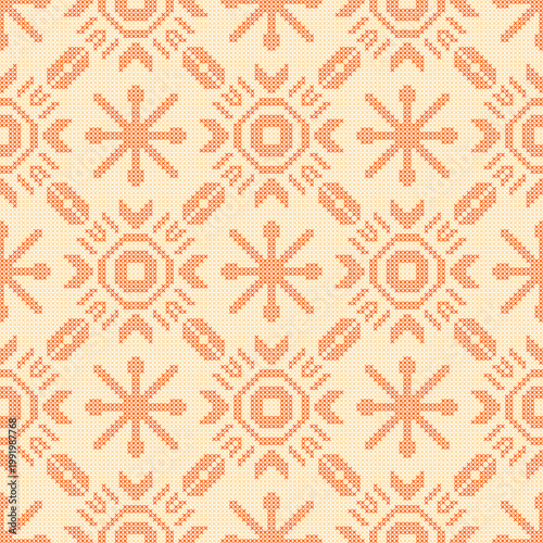 Cross stitch seamless pattern folk ornament orange geometric background