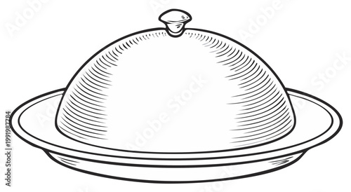 Vintage Cloche Serving Dome on Plate Engraved Sketch Style