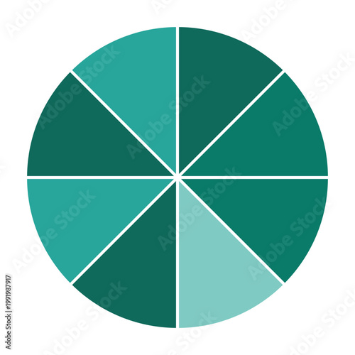 Green pie chart with 8 parts chart, 8 circle section for business presentation concept. Overall for marketing and education goal vector.