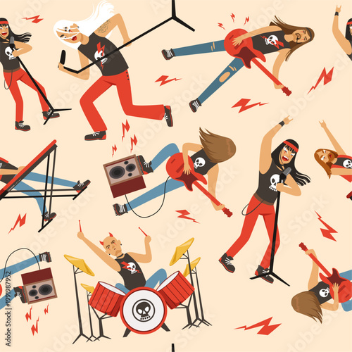 Rock band. musician seamless pattern template with characters of rock band