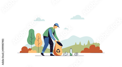 Man picking up trash, recycling, eco friendly, environmental conservation, outdoors