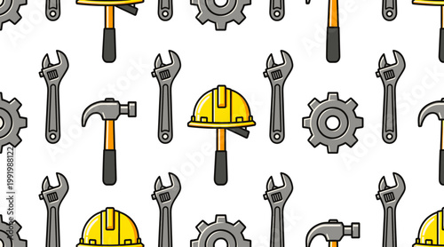 Seamless Pattern Featuring Construction Tools, Including Wrenches, Hammers, and Hard Hats, Ideal for International Workers' Day