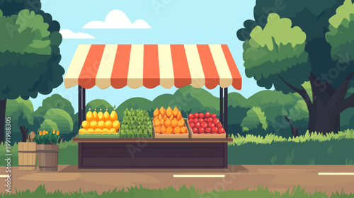 A vibrant illustration showcasing a fruit stand with assorted produce, trees, and blue skies