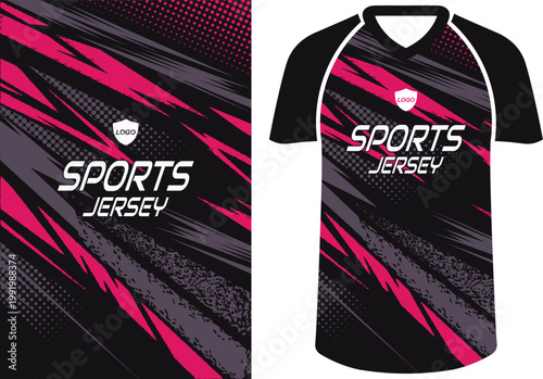 Modern Soccer Jersey Pattern Background for Sublimation Printing, E-sports Gaming Apparel Design with Racing Style Graphics, Professional Sports Uniform Template with Vibrant Pink and Black Accents.