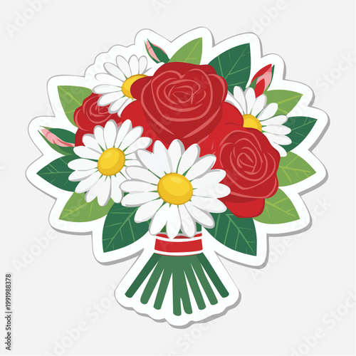 Bouquet of Red Roses and Daisies with Green Leaves