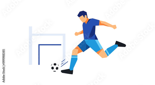 Soccer player kicking ball into goal.