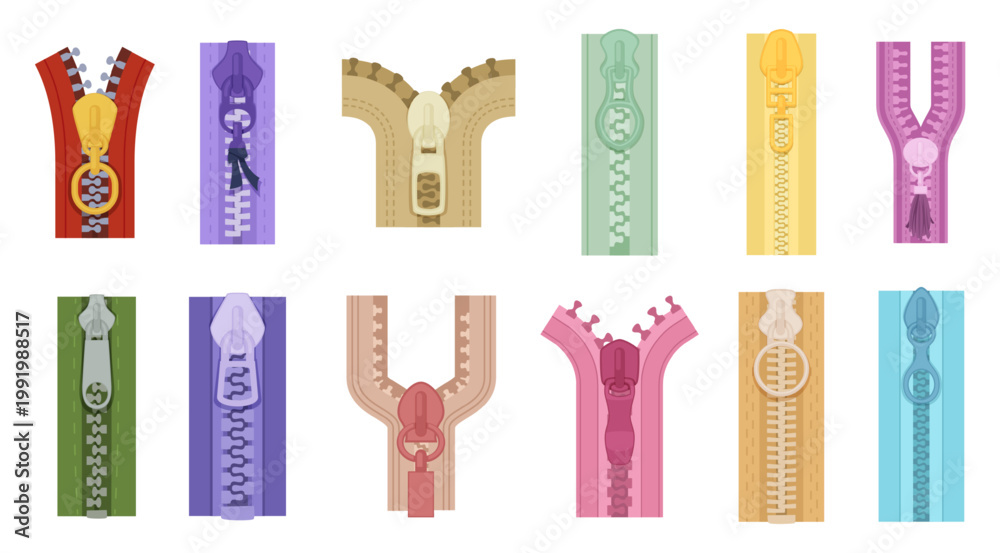 Fototapeta premium Zipper. Various fasteners for clothes exact vector specific tools for crafting jackets