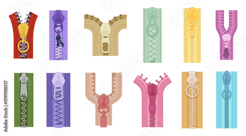 Zipper. Various fasteners for clothes exact vector specific tools for crafting jackets