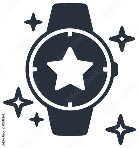 Stylized smartwatch icon with prominent star and sparkles radiating outwards, vector design for excellence badge concept