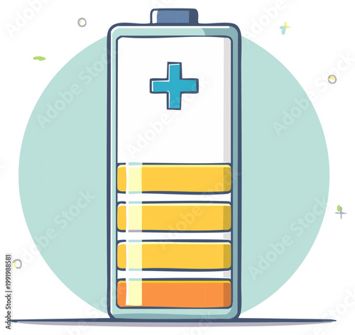 Stylized doodle of a battery icon with a partial charge status bar representing energy and power level