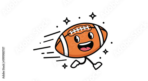 Cartoon American football with happy face running fast.