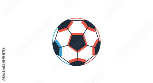 A soccer ball with black white and red panels.