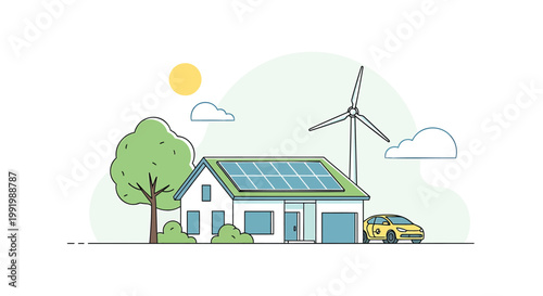 Eco friendly house, solar panel roof, wind turbine, green living, sustainable home