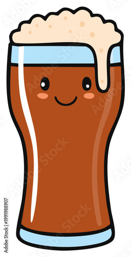 Kawaii cartoon dark beer glass character with a smiling face and frothy foam
