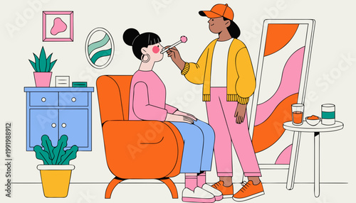 Permanent cheek blush cosmetic procedure with beautician applying pigment on client face, beauty salon, skincare, makeup tattoo illustration