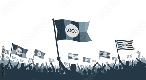 Crowd of people waving flags with logo.