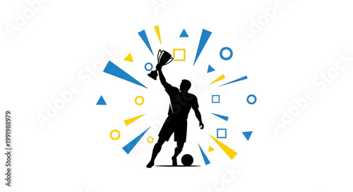 Silhouette of soccer player celebrating with trophy.