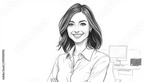 Business Woman Coloring Book Style Professional Portrait at Office Desk Background