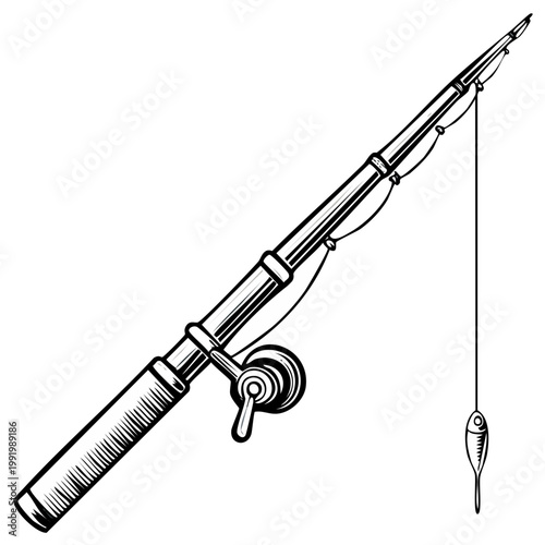Detailed drawing of a fishing rod with bait isolated in black and white
