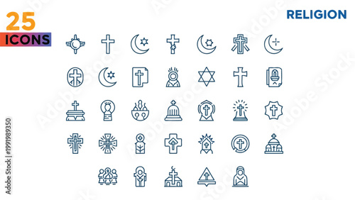 Collection of twenty-five diverse religious and spiritual icons in a simple line art style