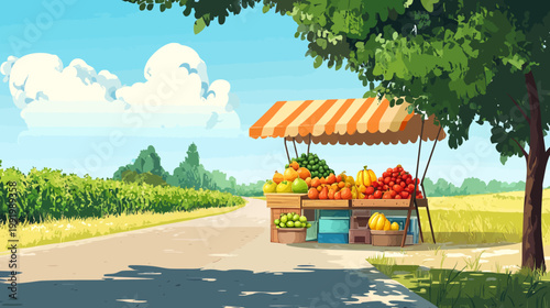 A vibrant roadside fruit stand with colorful produce under a striped awning, sunny landscape