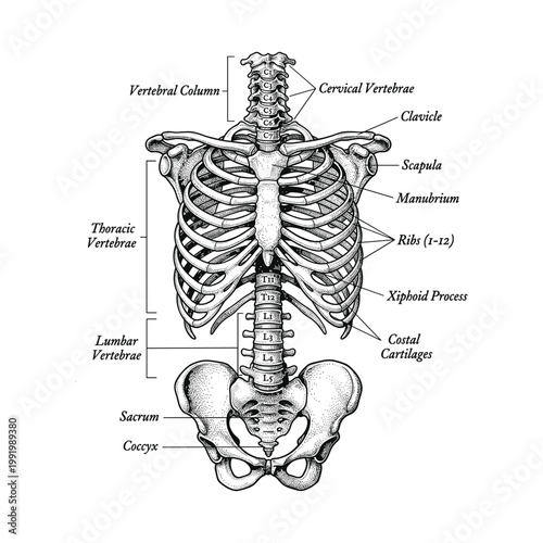 Human skeleton rib cage with labels on transparent background medical.