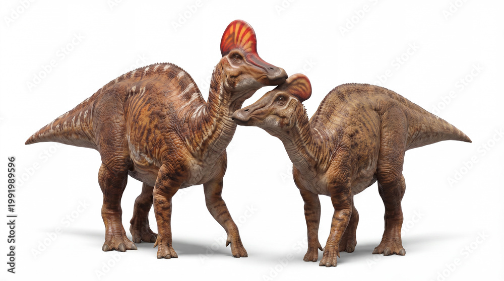 Fototapeta premium Corythosaurus casuarius pair isolated on white background, detailed prehistoric reconstruction showing two crested hadrosaurs in natural posture and interaction. 